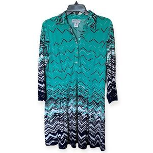 Serengeti Green/Blue/White Collared Swing Knit Dress with Buttons Size Medium